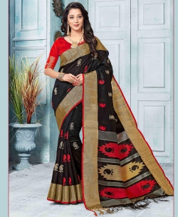Black Cotton Silk Floral Design Cotton Sarees