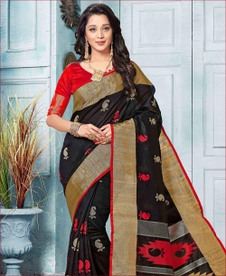Black Cotton Silk Floral Design Cotton Sarees