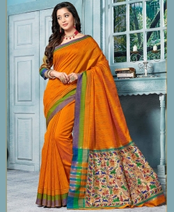 Gold Yellow Art Silk Floral Design Cotton Sarees