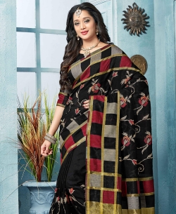 Black Art Silk Floral Design Cotton Sarees