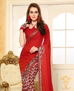 Red Georgette Printed, Border Half And Half Sarees