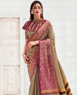 Beige Silk Zari Work Traditional Sarees