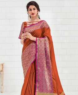 Orange Silk Zari Work Traditional Sarees