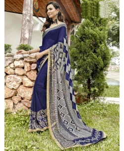 Navy Blue Georgette Printed Regular Sarees