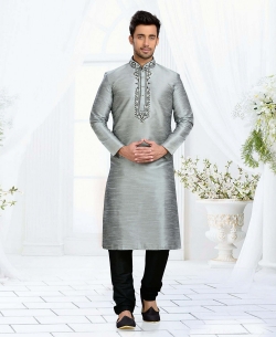 Grey Dupion Art  Silk Thread And Stone Work Kurta Pajama