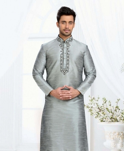 Grey Dupion Art  Silk Thread And Stone Work Kurta Pajama