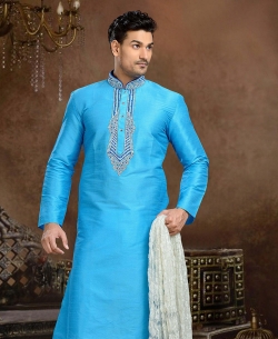Blue Dupion Art  Silk Thread And Stone Work Kurta Pajama