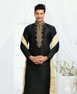 Black Dupion Art  Silk Thread And Stone Work Kurta Pajama