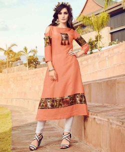 Peach Cotton Printed Anarkali Kurtis