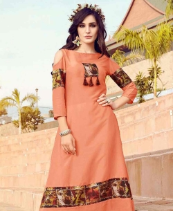 Peach Cotton Printed Anarkali Kurtis