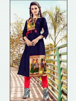 Blue Cotton Printed A Line Kurtis