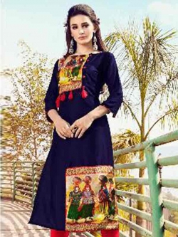Blue Cotton Printed A Line Kurtis