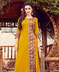 Gold Cotton Printed A Line Kurtis
