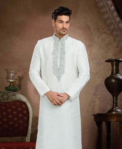 Off White Dupion Art  Silk Thread And Stone Work Kurta Pajama
