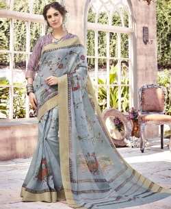 Light Grey Bhagalpuri Printed Cotton Sarees