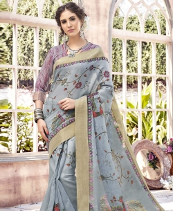 Light Grey Bhagalpuri Printed Cotton Sarees
