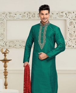 Teal Green Dupion Art  Silk Thread And Stone Work Kurta Pajama