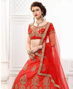 Red Dhupian Silk Embroidery A Line Lehengas