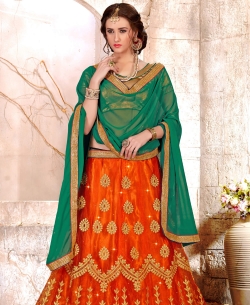 Orange Net Embroidery & Hand Work A Line Lehengas