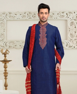 Navy Blue Dupion Art  Silk Thread And Stone Work Kurta Pajama