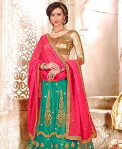 Mint Green Net Embroidery & Hand Work A Line Lehengas
