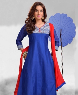 Blue Chanderi Plain Anarkali Suits