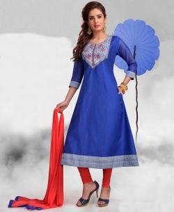 Blue Chanderi Plain Anarkali Suits