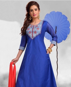 Blue Chanderi Plain Anarkali Suits