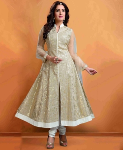 Beige Banarasi Printed Anarkali Suits