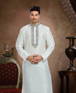 Off White Dupion Art  Silk Thread And Stone Work Kurta Pajama