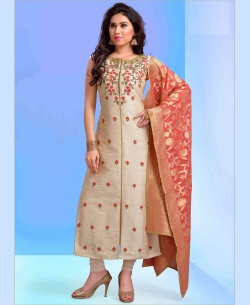 Beige Art Silk Floral Design Straight Suits