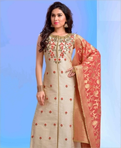 Beige Art Silk Floral Design Straight Suits