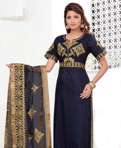 Navy Blue Chanderi Floral Design Straight Suits