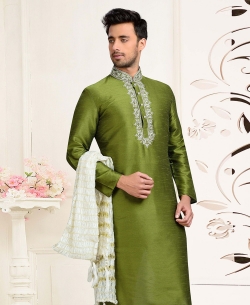 Mehendi Green Dupion Art  Silk Thread And Stone Work Kurta Pajama