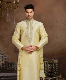 Cream Dupion Art  Silk Thread And Stone Work Kurta Pajama