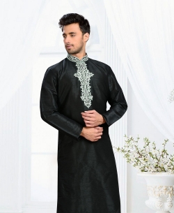 Black Dupion Art  Silk Thread And Stone Work Kurta Pajama