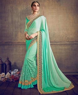Sky Green Moss Chiffon Embroidery Border Sarees