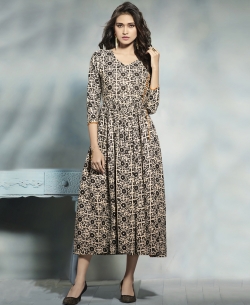 Beige PolyCotton Printed Anarkali Kurtis