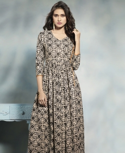 Beige PolyCotton Printed Anarkali Kurtis