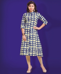 Beige Cotton Printed & Buttons A Line Kurtis