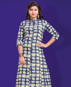 Beige Cotton Printed & Buttons A Line Kurtis