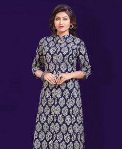Navy Blue Cotton Printed & Buttons A Line Kurtis