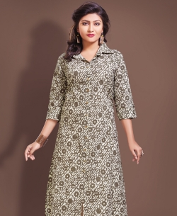 Beige Cotton Printed & Buttons A Line Kurtis