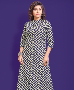 Beige Cotton Printed & Buttons A Line Kurtis