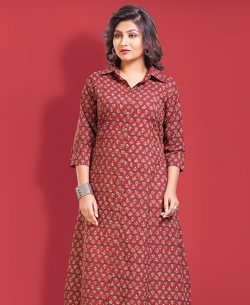 Maroon Cotton Printed & Buttons A Line Kurtis
