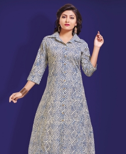 Navy Blue & Off White Cotton Printed & Buttons A Line Kurtis