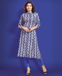 Blue Cotton Printed & Buttons A Line Kurtis