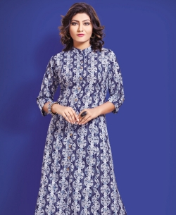 Blue Cotton Printed & Buttons A Line Kurtis