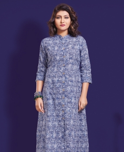 Blue Cotton Printed & Buttons A Line Kurtis