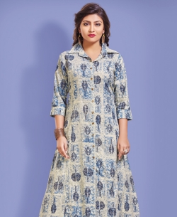 Beige Cotton Printed & Buttons A Line Kurtis